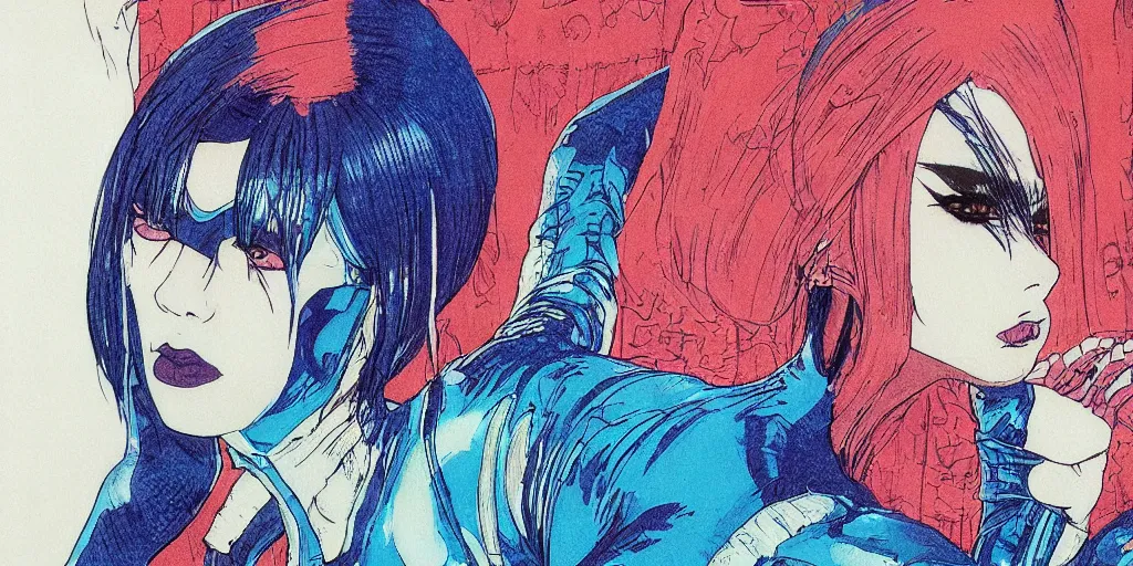 Image similar to a close - up grainy risograph painting of cyberpunk japanese model girl with black eyes and pretty face wearing latex catsuit and lots of transparent and cellophane accessories, blue hour, twilight, by moebius and lehr paul