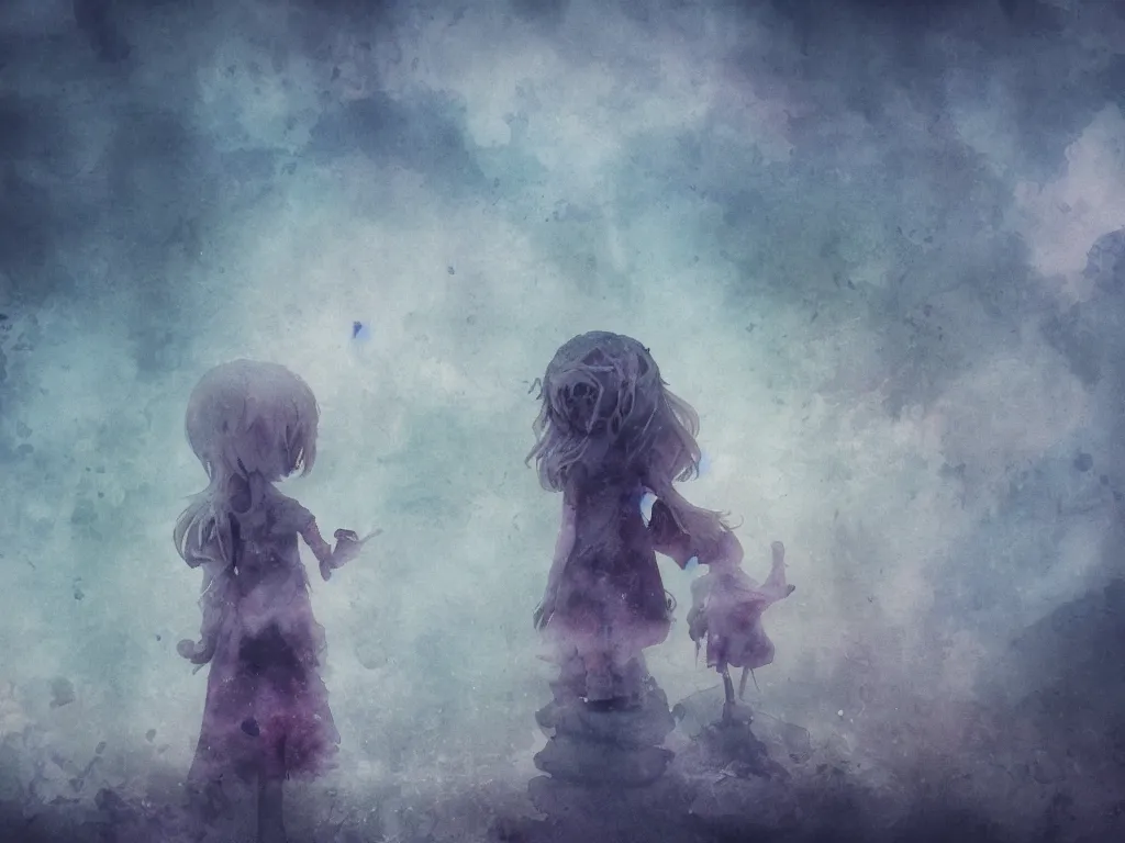 Prompt: dreamlike nightmare watercolor painting cute fumo plush girl in tattered ghostly robes in the flooded watchtower of a fallen civilization, long glowing wisps of trailing volumetric smoke, runic markings, deep focal depth f / 2. 8, vray