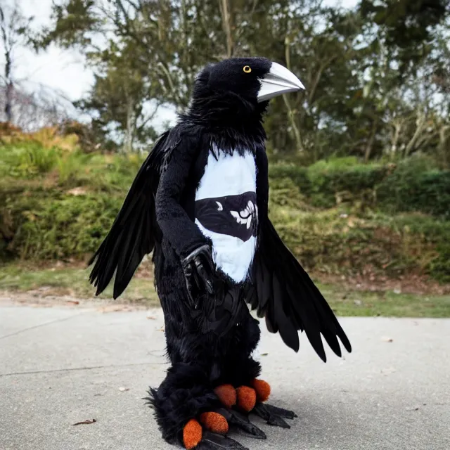 Image similar to a person wearing a fursuit of a crow fursona, fursona, photograph, furry fandom, photorealistic,