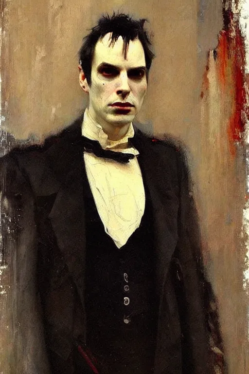 Image similar to impressionist brushstrokes!!!! giger and richard schmid and jeremy lipking victorian loose genre loose painting full length portrait painting of a victorian male vampire
