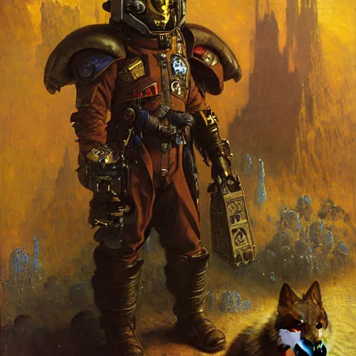 Image similar to portrait of a wolf in uniform as space priest. shadowrun furaffiniy cyberpunk fantasy highly detailed painting by gaston bussiere craig mullins jc leyendecker gustav klimt artgerm greg rutkowski john berkey, bergey, craig mullins, ruan jia, raymond swanland, jeremy mann, tom lovell, alex malveda