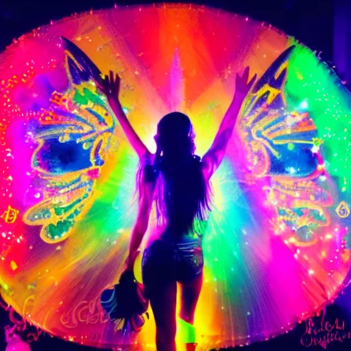 Prompt: Prismatic Spectrum Cosmic Magical Girl from the Rainbow Sky Paradise, tomorrowland, dia de muertos, lit by flashing pixel light, fully covered in colorful paint, glowing neon