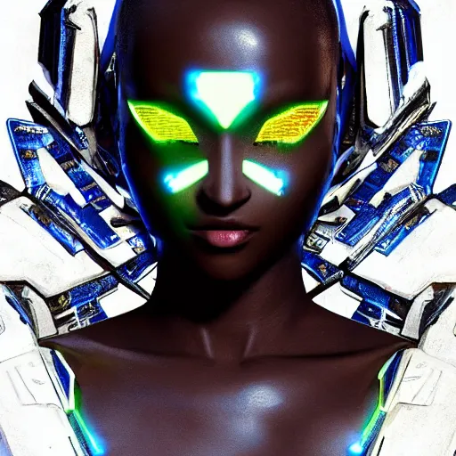 Image similar to an african female transformer with glowin white eyes, very symmetrical face, highly detailed, nanogirl, nanogirlv 2, by vitaly bulgarov, by yoji shinkawa, by joss nizzi, by shoji kawamori, metal gear solid, transformers cinematic universe, deviantart, artstation, unreal engine