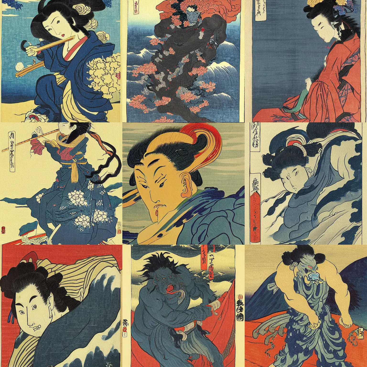 Prompt: very very beautiful oni painting by hokusai and van gogh