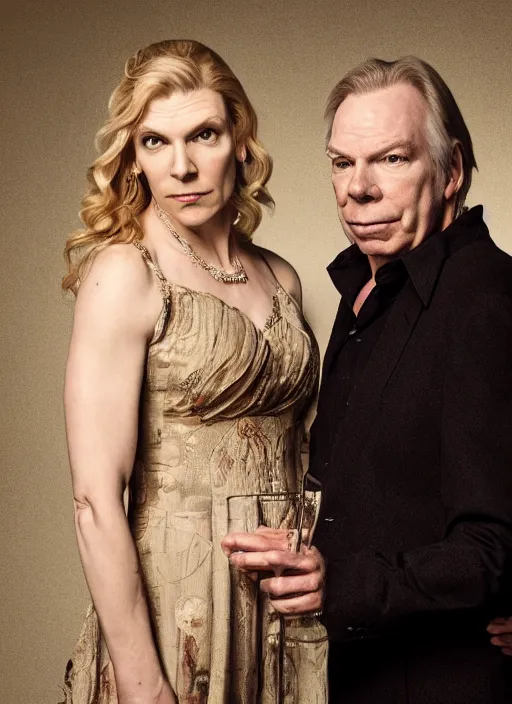 Prompt: portrait of michael mckean and rhea seehorn, baroque portrait, realistic, serious, dark backround