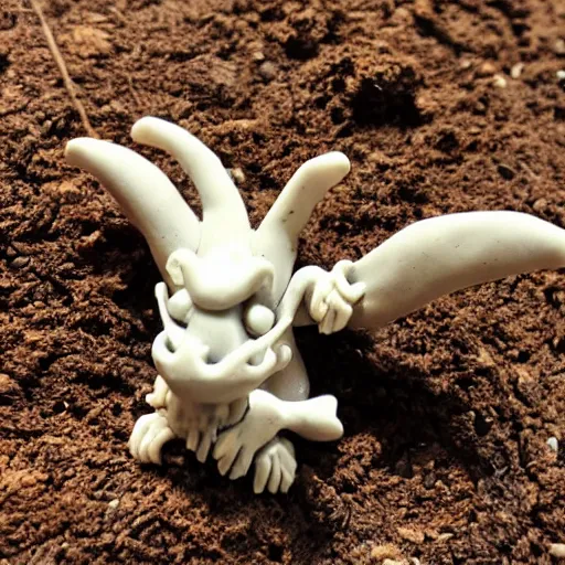 Prompt: a tiny clay model of a dragon protecting its treasure pile, bones scattered across the cave floor, resin and clay art.