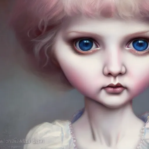 Image similar to cute porcelain doll natalie domer, mark ryden style, vivid colors, high details, cinematic, 8 k resolution, beautiful detailed, photorealistic, digital painting, dark atmosphere, artstation, concept art, smooth, sharp focus, illustration, fantasy background, artstation trending, octane render, unreal engine