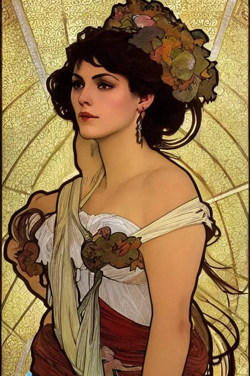 Image similar to portrait of monica belucci from the movie malena, artwork by alphonse mucha