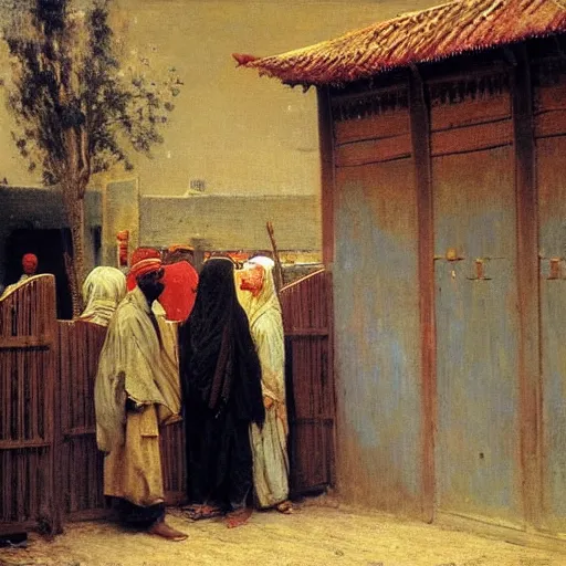 Prompt: outside the gate of Kano in the sokoto caliphate, 1885, bright, highly detailed, oil on canvas, by Ilya Repin