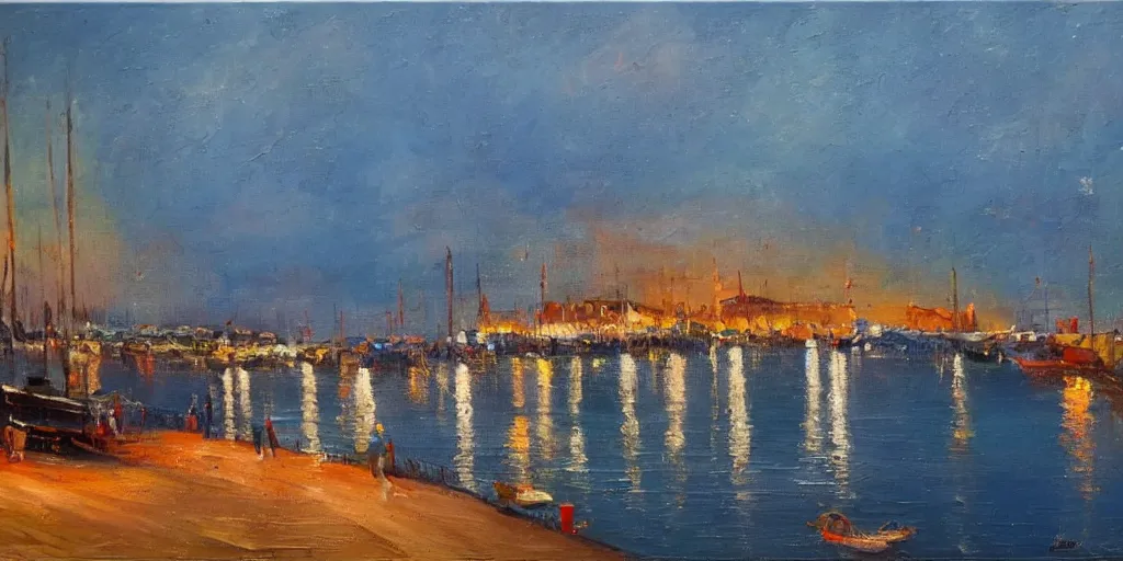 Prompt: big beautiful painting of a european port at night, calm sea, clear sky, boats, cafes at the beach road, people, oil on canvas, naturalism