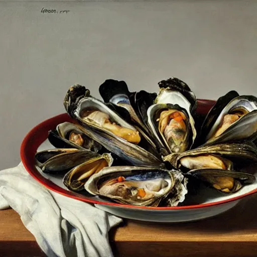 Prompt: painting of plentiful cornucopia of oysters mussels clams and dungeness crab by dutch master, trending on artstation, award - winning, timeless, art institute of chicago collection, the met collection