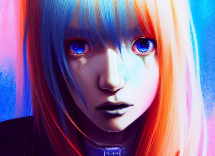 Image similar to full face shot of rimuru tempest, sky blue straight hair, long bangs, with amber eyes, wearing a black jacket, high collar, ultra detailed, concept art, award winning photography, digital painting, cinematic, wlop artstation, closeup, pixiv, evil, yoshitaka amano, andy warhol, ilya kuvshinov,