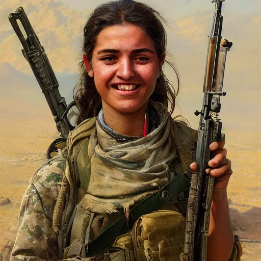 Image similar to a portrait of a happy Kurdish YPJ soldier, detailed, centered, digital painting, artstation, concept art, donato giancola, Joseph Christian Leyendecker, WLOP, Boris Vallejo, Breathtaking, 8k resolution, extremely detailed, beautiful, establishing shot, artistic, hyperrealistic, beautiful face, octane render