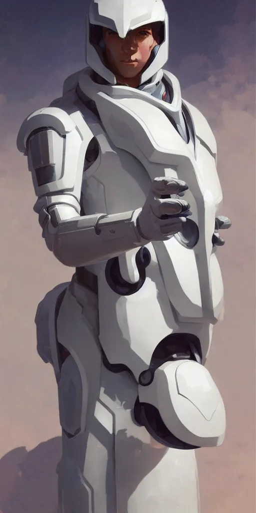 Image similar to a man with a futuristic white space armor, in the style of studio ghibli, j. c. leyendecker, greg rutkowski, artem