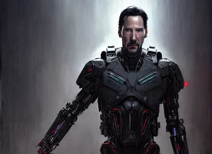 Image similar to keanu reeves as victor stone, full body concept, cyborg, borg, strogg, face of a man, terminator, flesh, quake strogg, doom demon, wolfenstein, monstrous, powerful, symmetry, symmetrical, concept art by ruan jia and greg rutkowski