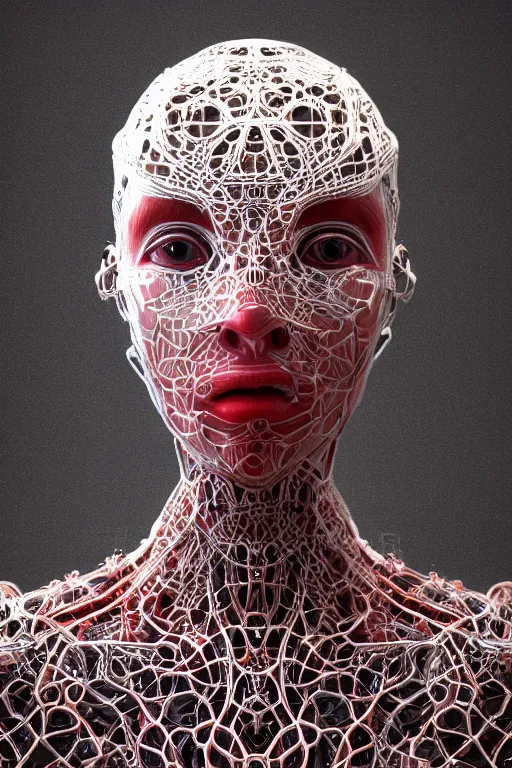 Prompt: a melancholic realistic 8k Sculpture of a complex robotic human face, liquid simulation, bright psychedelic color, dramatic lighting, silver gold red details, hexagonal mesh wire, filigree intricate details, cinematic, fleshy musculature, white blossoms, elegant, octane render, art nouveau, 8k post-processing, intricate art by Raymond Swanland