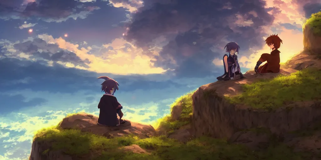 Image similar to isekai masterpiece anime boy sitting on a rock off to the side looking down upon umi, during dawn, cinematic, very warm colors, intense shadows, anime illustration, anime screenshot composite background