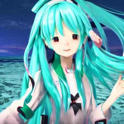 Image similar to photo of hatsune miku takes a walk on late evening beach, f 2,4