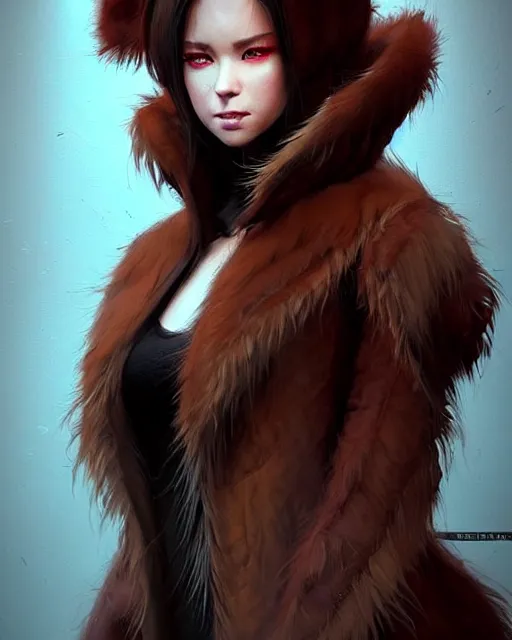 Image similar to fur - lined dragonhide jacket!!! beautiful and elegant female!! gorgeous ayes!! character concept art, sharp focus, illustration, artgerm!! greg rutkowski! wlop!! ilya kuvshinov!! marc brunet!! octane render! unreal engine 5! highly rendered!! trending on artstation!! cgi vfx!