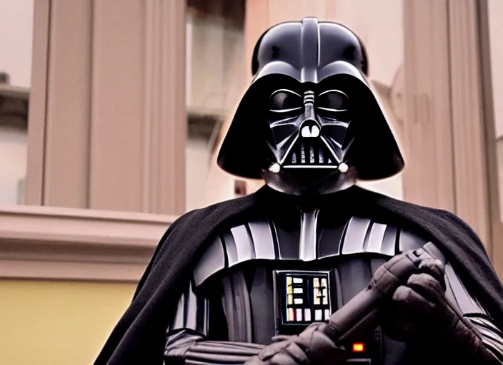 Prompt: a film still of cosplay of darth vader in the grand budapest hotel ( 2 0 1 4 )