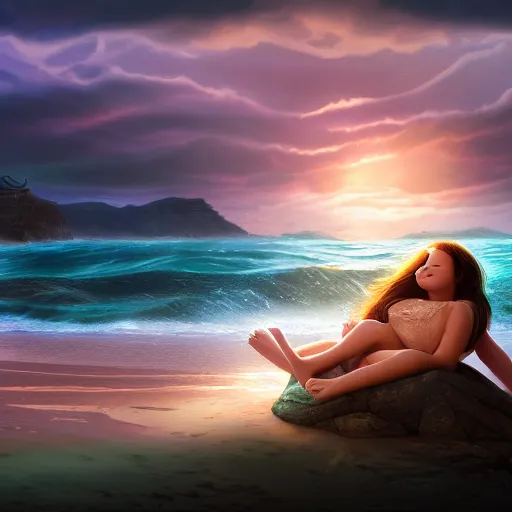 Image similar to a girl sleeping in the ocean, an epic fantasy, dramatic lighting, cinematic, establishing shot, extremely high detail, photorealistic, cinematic lighting, concept art, hdri, 4k -