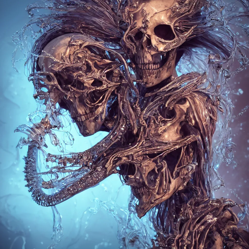 Image similar to close-up macro portrait of the face of a beautiful princess with animal skull mask, epic angle and pose ribcage skeleton, symmetrical artwork, 3d with depth of field, blurred background, cybernetic jellyfish female face skull phoenix bird, translucent, nautilus, energy flows of water and fire. a highly detailed epic cinematic concept art CG render. made in Maya, Blender and Photoshop, octane render, excellent composition, cinematic dystopian brutalist atmosphere, dynamic dramatic cinematic lighting, aesthetic, very inspirational, arthouse. y Greg Rutkowski, Ilya Kuvshinov, WLOP, Stanley Artgerm Lau, Ruan Jia and Fenghua Zhong