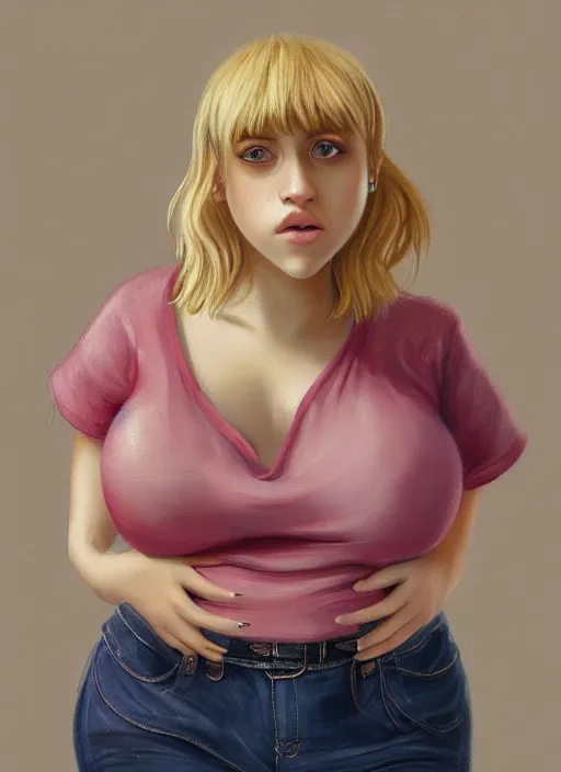 Image similar to full body portrait, teenage lili reinhart, blonde hair, obese, bangs, ponytail, sultry, realistic, sultry, fluffy bangs, shirt, curly bangs, fat, belly, intricate, elegant, highly detailed, digital painting, artstation, concept art, smooth, sharp focus, illustration, art by wlop, mars ravelo and greg rutkowski