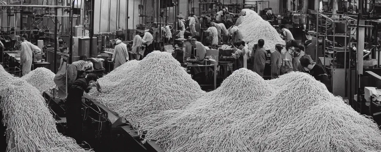 Image similar to a factory with workers handling giant mounds of spaghetti, canon 5 0 mm, cinematic lighting, photography, retro, film, kodachrome, closeup