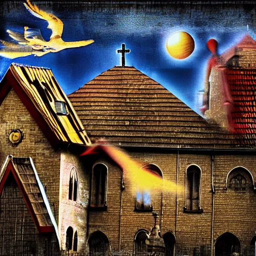 Image similar to A clown on the roof of the church playing with crows, futurist, digital art, dramatic lighting, symbolic