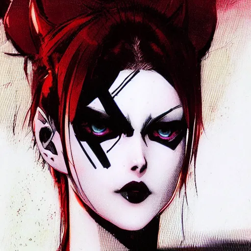 Image similar to beautiful pale - skinned goth girl with a red diamond on her forehead, yoji shinkawa