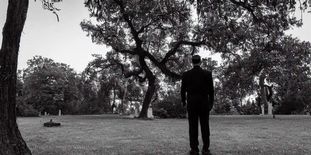 Image similar to Photo of a man in black near a tree in the cemetery looking into the distance