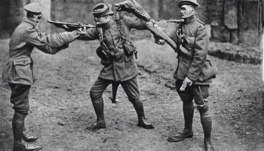 Image similar to french soldier dabbing during ww 1 ( 1 9 1 6 ), historical photograph, highly detailed, dabbing