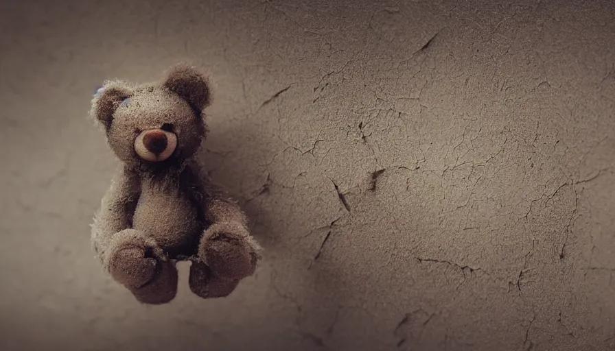 Image similar to teddy bear covered by dust and cobwebs on a dusty old wooden table, cracked wall, small light, hyperdetailed, artstation, cgsociety, 8 k