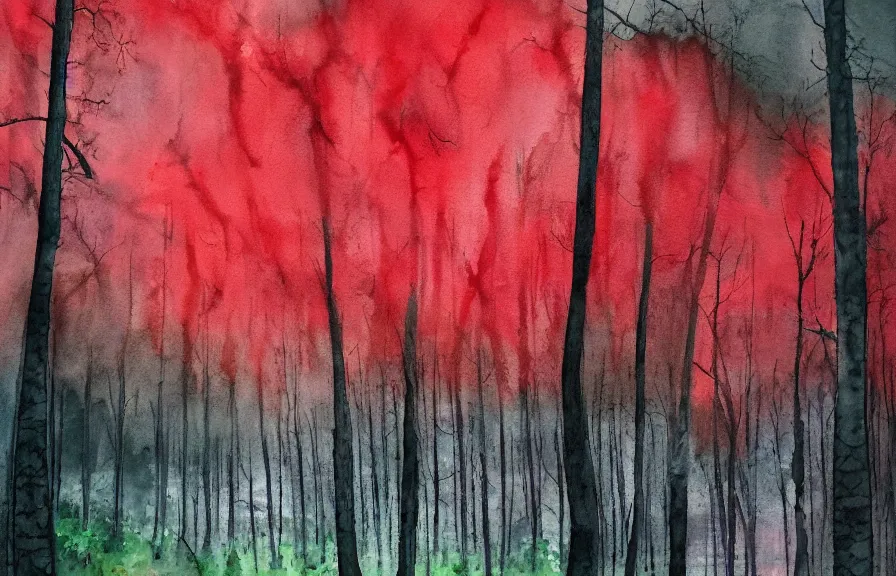 Image similar to dark and gloomy forest filled with toxic waste, dark stormy sky, raining red rain, watercolor painting