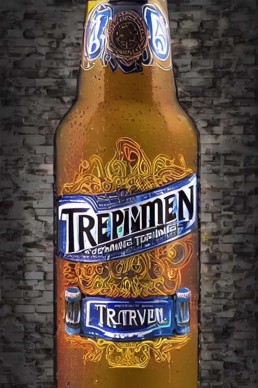 Image similar to advertise photo of a beer bottle, beer is called tripmachine, realistic digital art, label on the bottle is printed with a 3 d render of a huge futuristic steampunk generator, 8 k, fluorescent colors, halluzinogenic, multicolored, exaggerated detailed, unreal engine