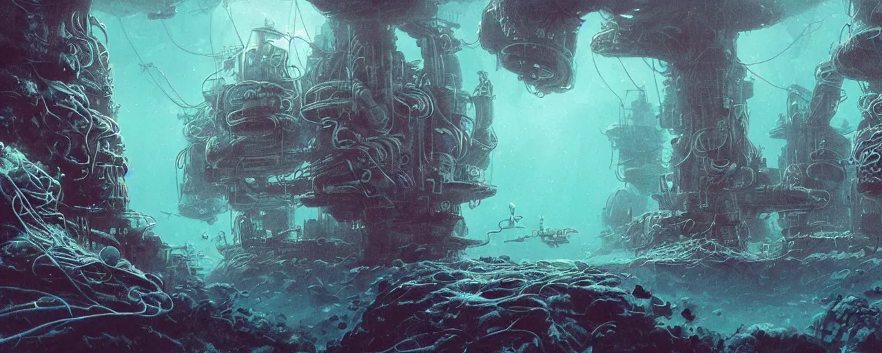 Prompt: ” underwater otherwordly landscape, [ cables, pods, deepsea, cinematic, detailed, epic, widescreen, opening, establishing, mattepainting, photorealistic, realistic textures, octane render, art by slop and paul lehr ] ”