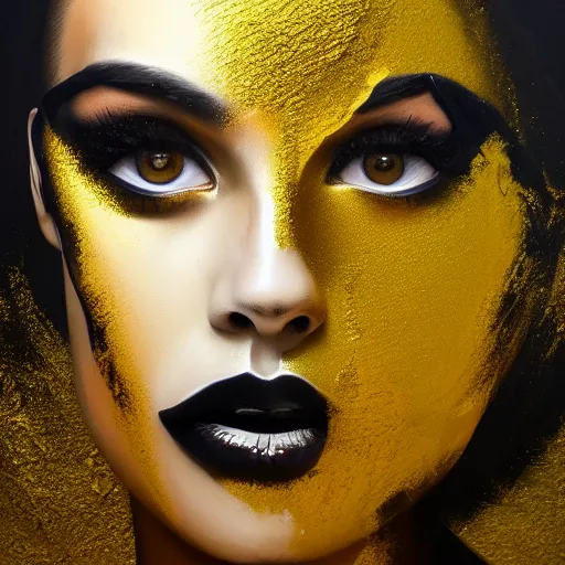 Prompt: liquid marble acrylic fluid paint, portrait, golden and black liquid materials, abstract art, beautiful female model standing, face with 3 eyes, semi realism, surreal
