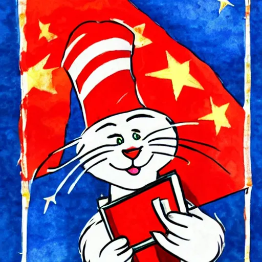 Prompt: the cat in the hat holding a flag, hammer and sickle, ussr flag, detailed, watercolor, in the style of dr. seuss, dr. seuss, zany