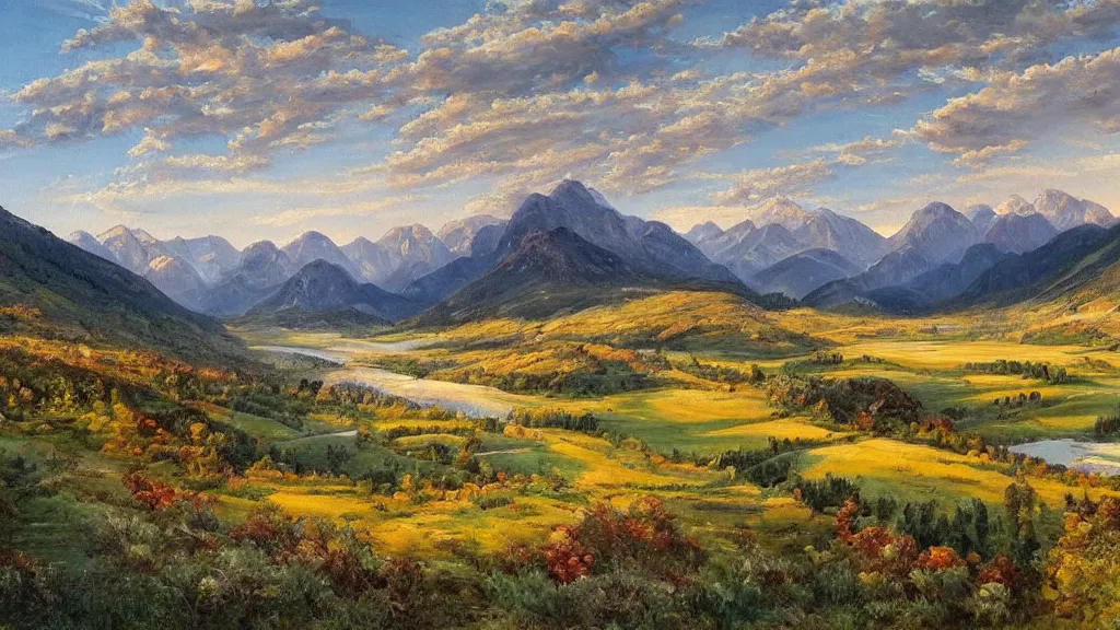 Image similar to The most beautiful panoramic landscape, oil painting, where the mountains are towering over the valley below their peaks shrouded in mist. The sun is just peeking over the horizon producing an awesome flare and the sky is ablaze with warm colors and stratus clouds. The river is winding its way through the valley to an italian village and the trees are starting to turn yellow and red, by Greg Rutkowski, aerial view