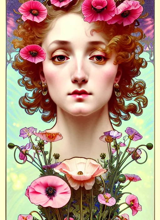 Prompt: poppy flowers, rococo and art nouveau fusion, iridescent diaphanous refractive and reflective flower bouquet, tarot card, highly detailed, deep focus, elegant, digital painting, smooth, sharp focus, illustration, ultra realistic, 8 k, art by artgerm and alphonse mucha