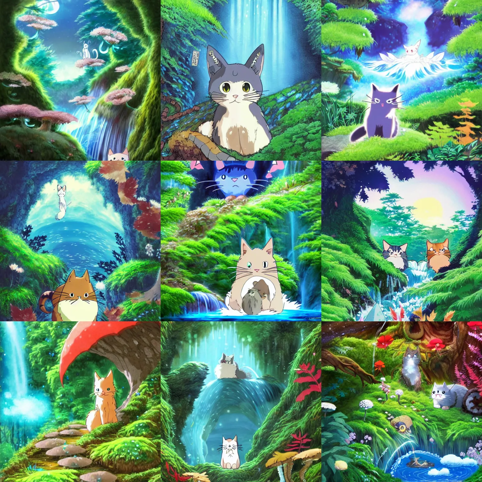 Prompt: japanese animation art, cat with fairy wings, cute kitten, moss, Maple leaf Ferns, mushrooms, amber-like crystal clear water, waterfalls, Dramatic lighting, miyazaki, nausicaa, ghibli, wild style, studio ghibli, my neighbor totoro