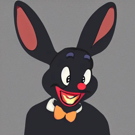 Prompt: A extremely highly detailed majestic hi-res beautiful, highly detailed head and shoulders portrait of a scary terrifying, horrifying, creepy black cartoon rabbit with scary big eyes, earing a shirt laughing, hey buddy, let's be friends, in the style of Walt Disney animation