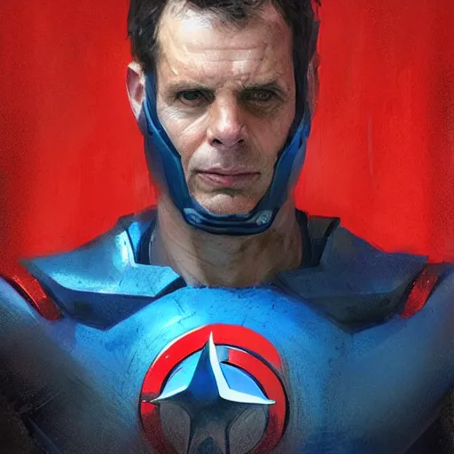 Image similar to portrait of superhero by greg rutkowski, michael biehn wearing a blue and red kevlar gear, highly detailed portrait, digital painting, artstation, concept art, smooth, sharp foccus ilustration, artstation hq