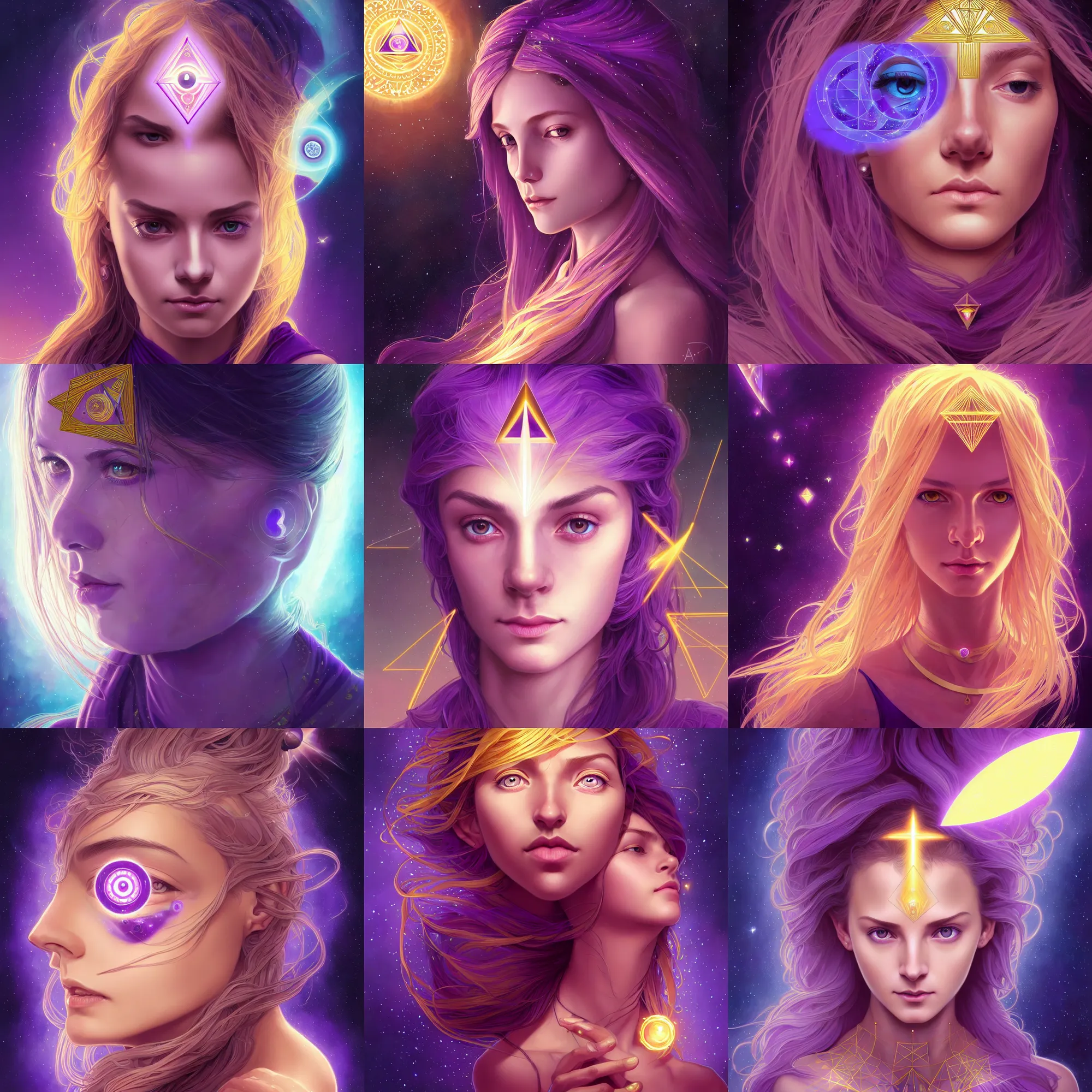 Prompt: centered head and shoulders portrait of a girl with glowing purple third eye chakra and golden hair, geometric third eye triangle, sci - fi face, sacred geometric background, breathtaking stars, elegant, highly detailed, digital painting, artstation, concept art, smooth, sharp focus, illustration, art by artgerm and greg rutkowski and alphonse mucha, acid pixie