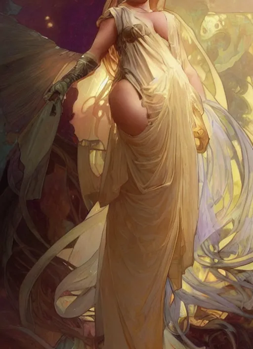Image similar to digital character concept art by artgerm and greg rutkowski and alphonse mucha. clear portrait of a modestly clothed young wife blessed by god to uncontrollably become overwhelmingly perfect!! blonde, obviously full - figured holy body!! light effect. hyper detailed, glowing lights!! intricate, elegant, digital painting, artstation, smooth, sharp focus