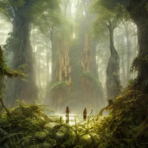 Image similar to a suspended village built in a dense forest of giant very large tall trees, ultra detailed, concept art, game art, matte painting, by tomasz alen kopera and peter mohrbacher, and michel - ange, artstation 8 k, greg rutkwowski, alphonse mucha, studio ghibli, hayao miyzaka, artstation, octane render