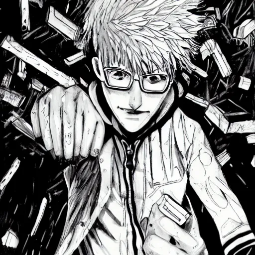 Image similar to a beautiful painting of chainsaw man manga panel by tatsuki fujimoto, detailed line art, chainsaw man manga