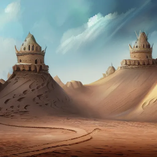 Image similar to detailed and highly intricate art of standstone walls protecting a large desert kingdom with many buildings and towers, 8 k concept fantasy art illustration