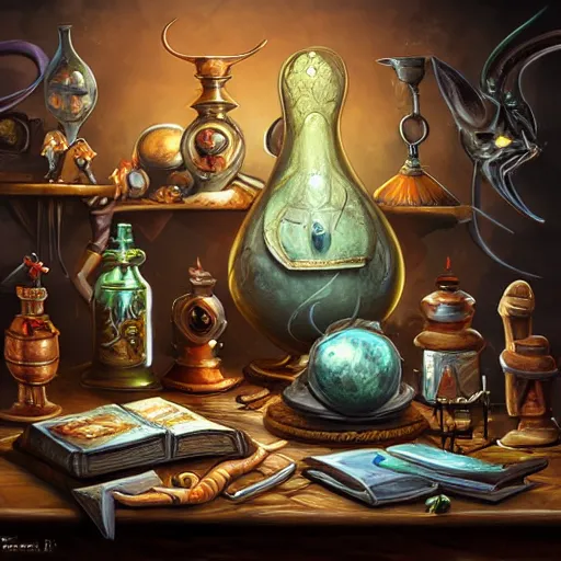 Image similar to photorealistic, tony sart, table, wizards laboratory, mortar, pestle, scales, magic book, beaker, energy