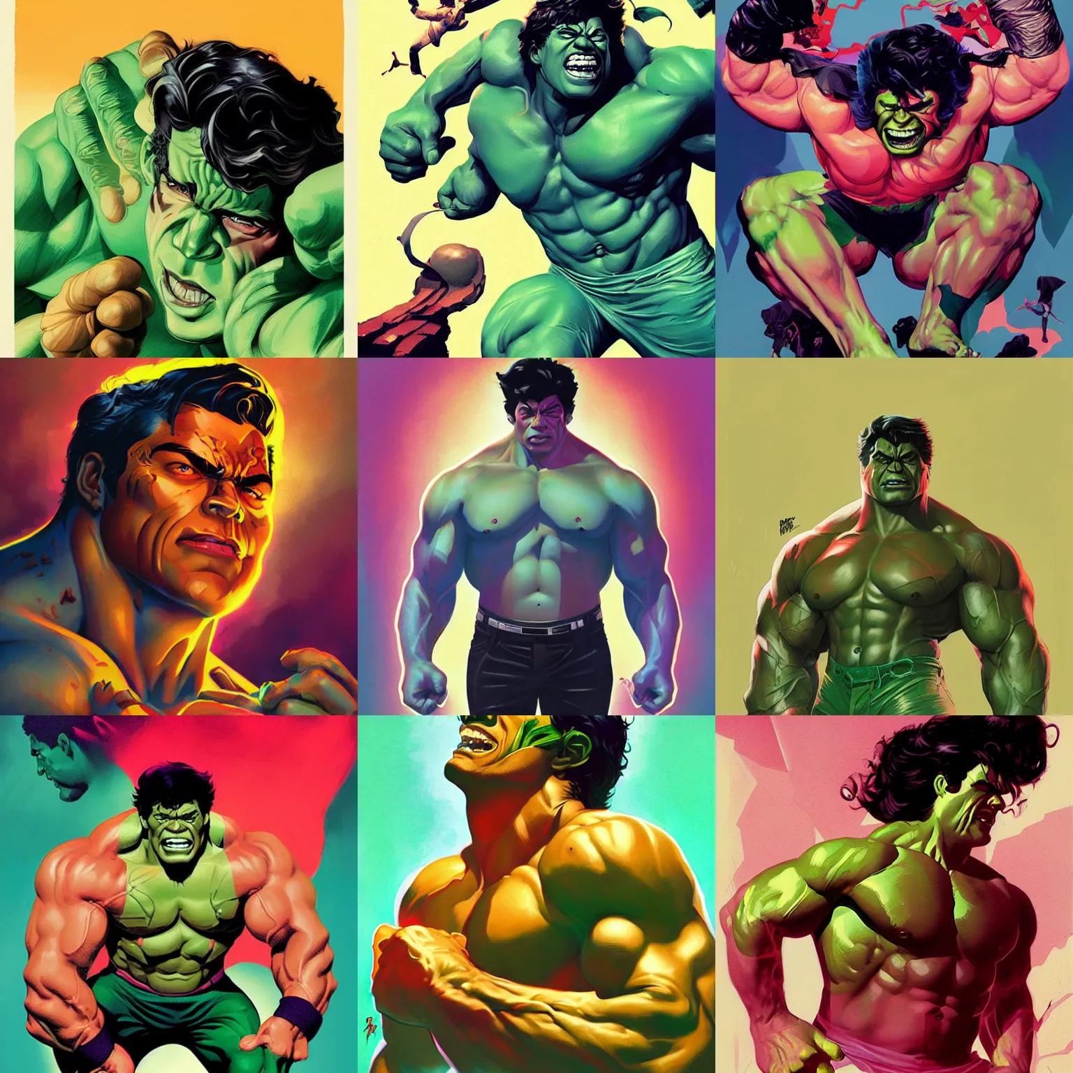 Prompt: the incredible hulk, style of Sachin Teng + Karol Bak + Rolf Armstrong